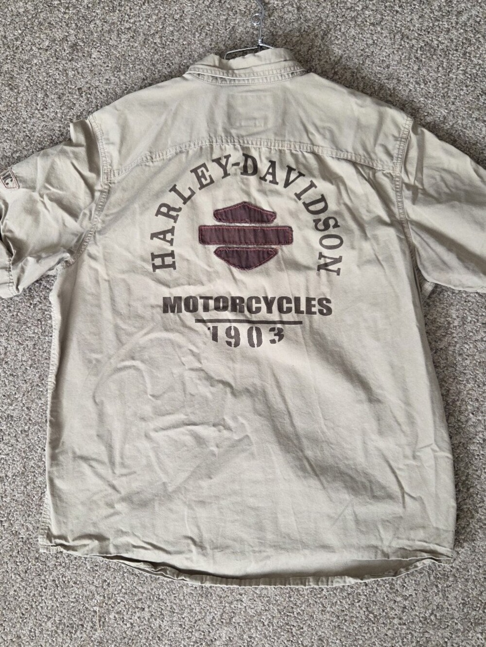 Harley Davidson Mens L‎ Khaki Button Down Shirt Short Sleeve Appliqued Military